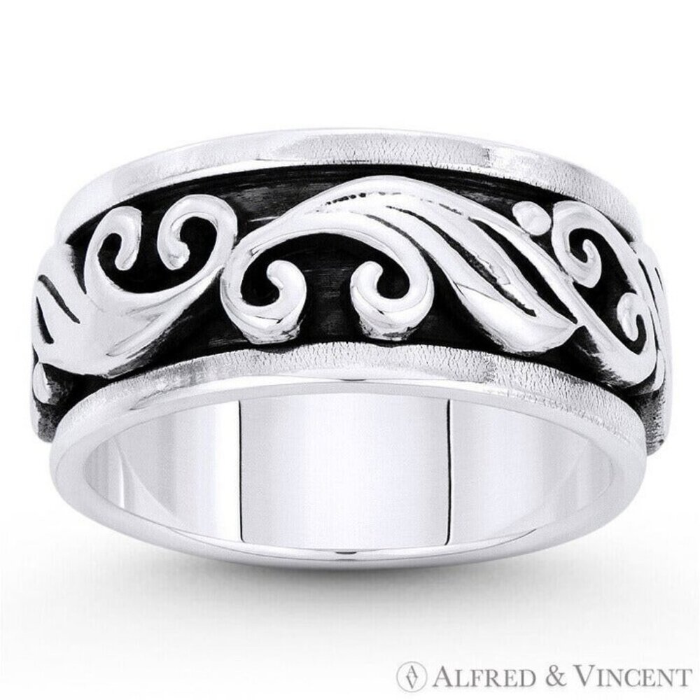 Swirl Pattern "Wind Gust" Charm ide Men's Band in .925 Sterling Silver - Size 8